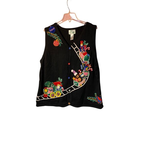 Vintage Quacker factory women’s embroidered train Santa vest size 1X - Picture 1 of 4